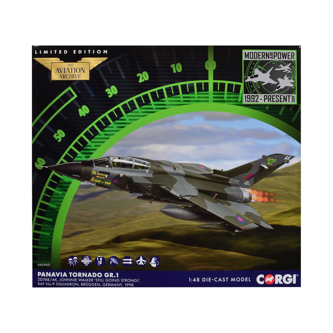 Panavia Tornado GR.1 Aircraft "Johnnie Walker 'Still Going Strong' No. 9 Squadron" (1998) British Royal Air Force "The Aviation Archive" Series 1/48 Diecast Model by Corgi-Corgi-ModelCars.com
