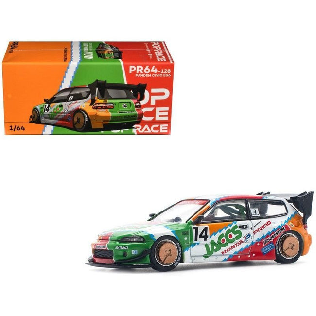 Pandem Civic EG6 RHD (Right Hand Drive) #14 "JACCS" White with Graphics 1/64 Diecast Model Car by Pop Race-Pop Race-ModelCars.com