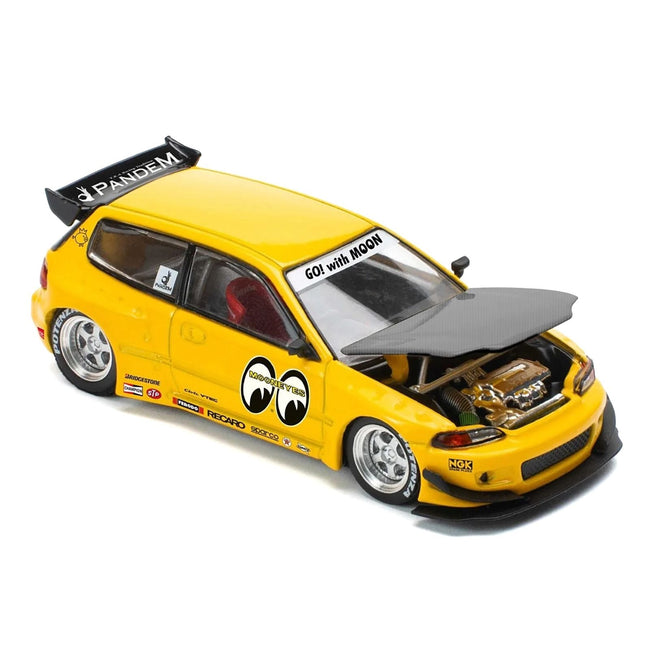 Pandem Civic EG6 RHD (Right Hand Drive) "Mooneyes" Yellow with Carbon Hood "Enigma Exclusive Edition" 1/64 Diecast Model Car by Pop Race-Pop Race-ModelCars.com