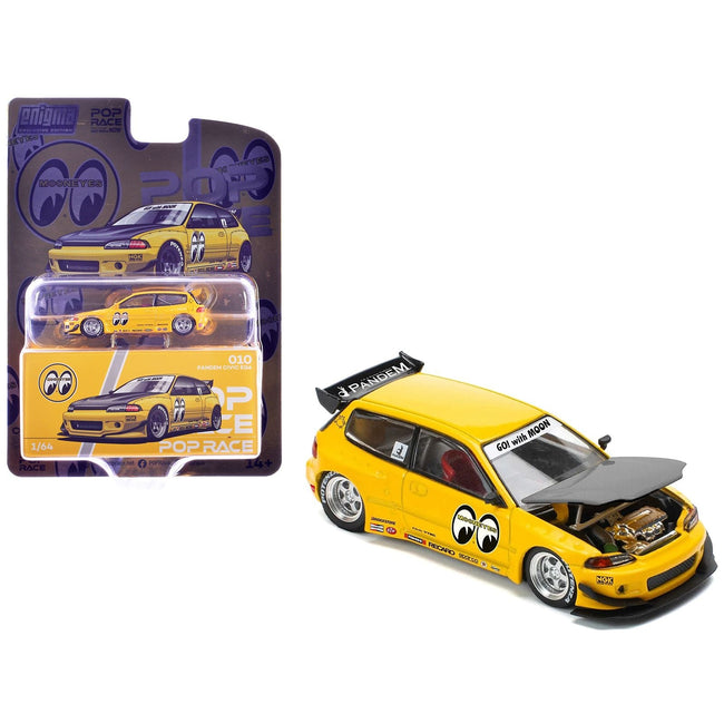 Pandem Civic EG6 RHD (Right Hand Drive) "Mooneyes" Yellow with Carbon Hood "Enigma Exclusive Edition" 1/64 Diecast Model Car by Pop Race-Pop Race-ModelCars.com