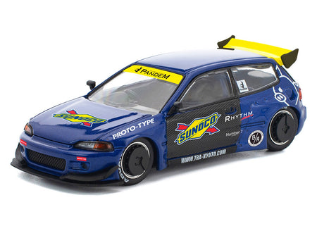 Pandem Civic EG6 RHD (Right Hand Drive) "Sunoco" Blue Metallic with Yellow Accents 1/64 Diecast Model Car by Pop Race-Inno Models-ModelCars.com