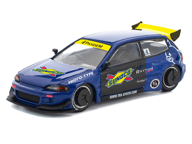 Pandem Civic EG6 RHD (Right Hand Drive) "Sunoco" Blue Metallic with Yellow Accents 1/64 Diecast Model Car by Pop Race-Inno Models-ModelCars.com