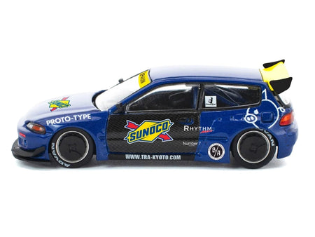Pandem Civic EG6 RHD (Right Hand Drive) "Sunoco" Blue Metallic with Yellow Accents 1/64 Diecast Model Car by Pop Race-Inno Models-ModelCars.com