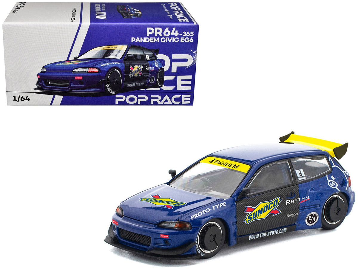 Pandem Civic EG6 RHD (Right Hand Drive) "Sunoco" Blue Metallic with Yellow Accents 1/64 Diecast Model Car by Pop Race-Inno Models-ModelCars.com