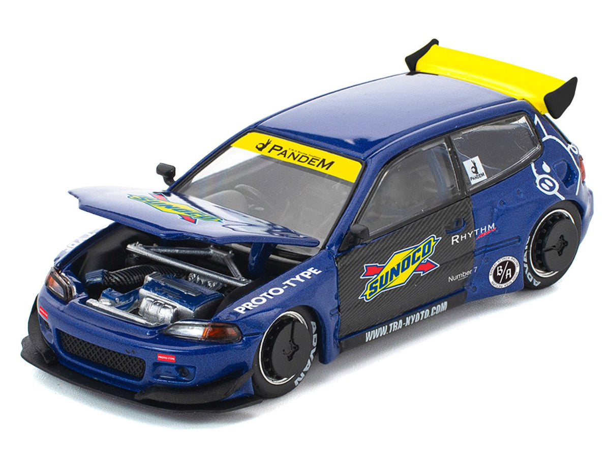 Pandem Civic EG6 RHD (Right Hand Drive) "Sunoco" Blue Metallic with Yellow Accents 1/64 Diecast Model Car by Pop Race-Inno Models-ModelCars.com