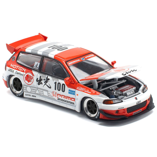 Pandem Civic EG6 V1.5 RHD (Right Hand Drive) #100 "Idemitsu Motion Infinite" White and Red with Graphics 1/64 Diecast Model Car by Pop Race-Pop Race-ModelCars.com