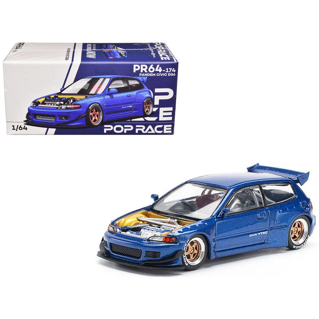 Pandem Civic EG6 VTEC RHD (Right Hand Drive) Blue Metallic with No Hood 1/64 Diecast Model Car by Pop Race-Pop Race-ModelCars.com