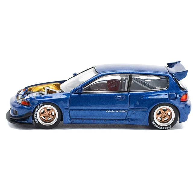 Pandem Civic EG6 VTEC RHD (Right Hand Drive) Blue Metallic with No Hood 1/64 Diecast Model Car by Pop Race-Pop Race-ModelCars.com