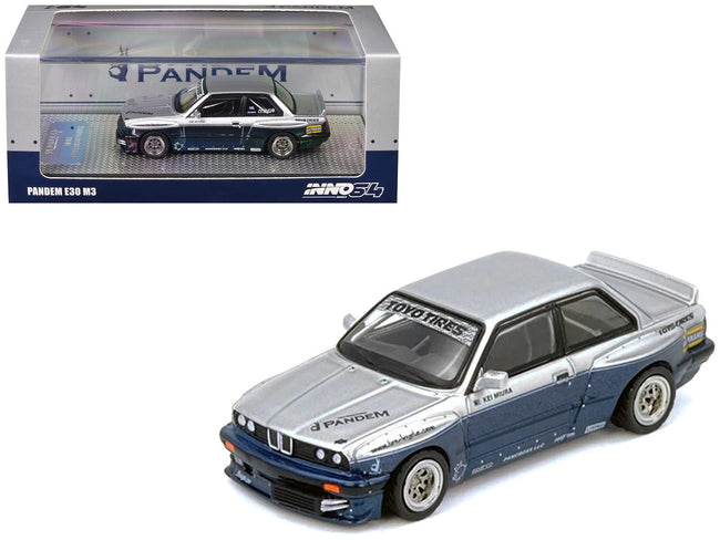 Pandem E30 M3 Silver Metallic and Dark Blue 1/64 Diecast Model Car by Inno Models-Inno Models-ModelCars.com