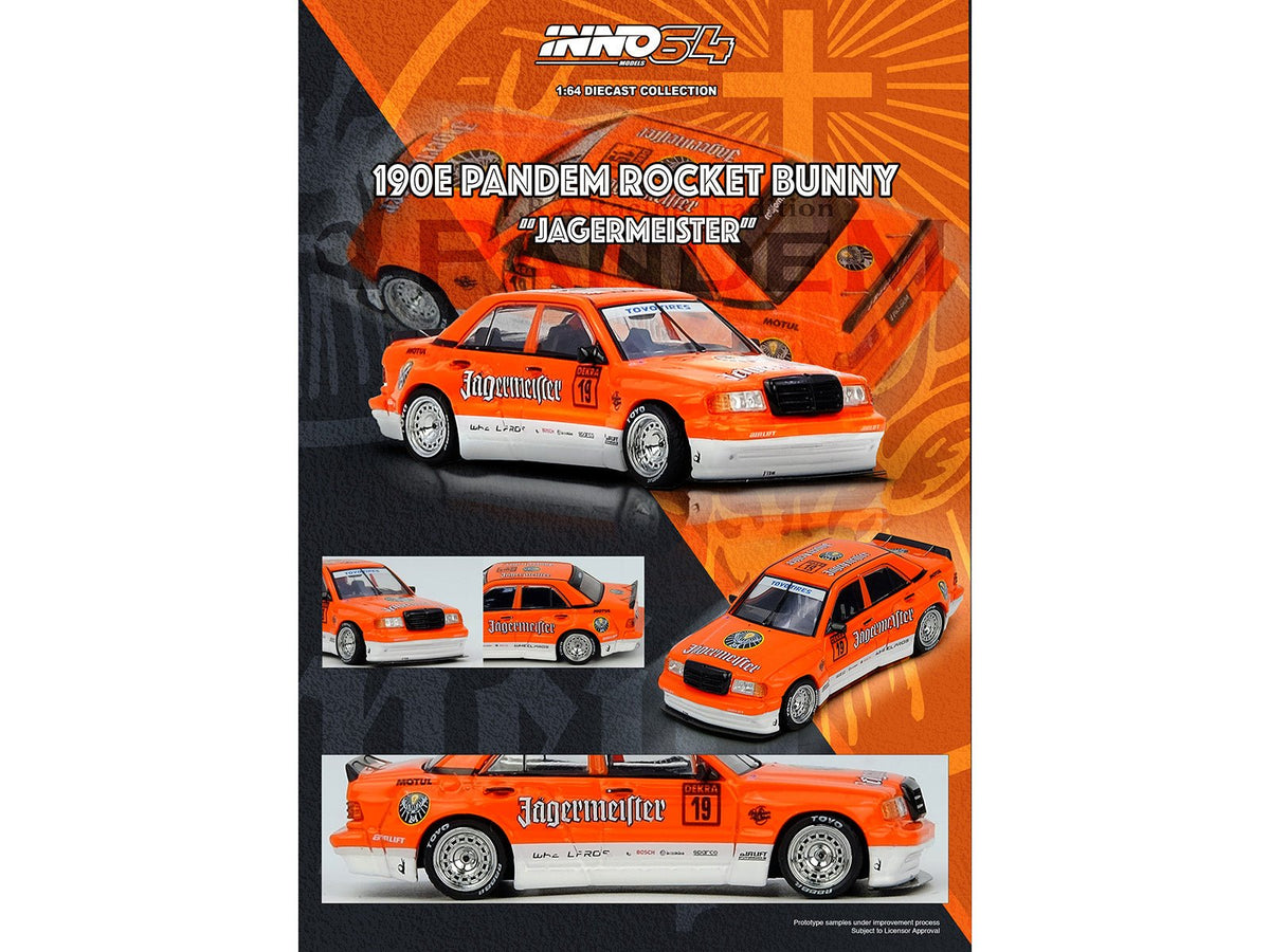 Pandem Rocket Bunny 190E 19 "Jagermeister" Orange and White 1/64 Diecast Model Car by Inno Models-Inno Models-ModelCars.com