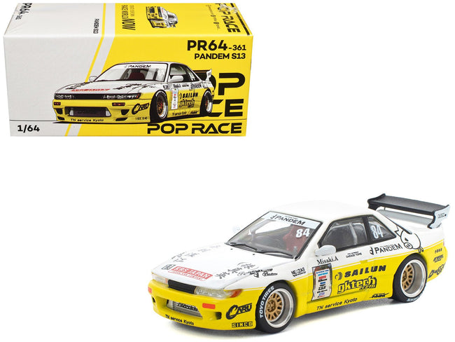 Pandem S13 RHD (Right Hand Drive) #84 White and Yellow with Graphics 1/64 Diecast Model Car by Pop Race-Pop Race-ModelCars.com