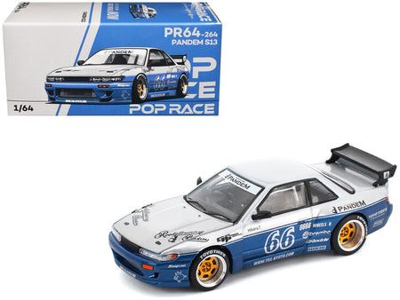 Pandem S13 RHD (Right Hand Drive) Silver and Moontech Blue Metallic with Graphics 1/64 Diecast Model Car by Pop Race-Pop Race-ModelCars.com