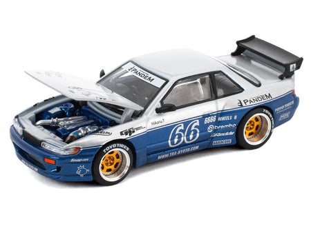 Pandem S13 RHD (Right Hand Drive) Silver and Moontech Blue Metallic with Graphics 1/64 Diecast Model Car by Pop Race-Pop Race-ModelCars.com
