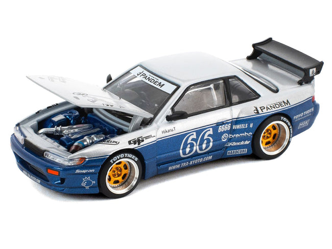 Pandem S13 RHD (Right Hand Drive) Silver and Moontech Blue Metallic with Graphics 1/64 Diecast Model Car by Pop Race-Pop Race-ModelCars.com