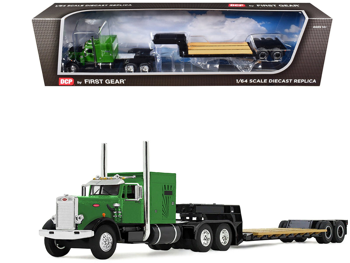 Peterbilt 351 with 60" Vintage Sleeper and Rogers Vintage Lowboy Trailer Green with Black Trailer 1/64 Diecast Model by DCP/First Gear-First Gear-ModelCars.com