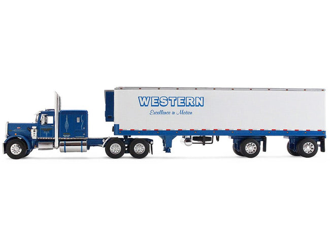 Peterbilt 351 with 63" Flat Top Sleeper and 40' Vintage Trailer with Reefer "Western Distributing" Blue Metallic and White 1/64 Diecast Model by DCP/First Gear-First Gear-ModelCars.com