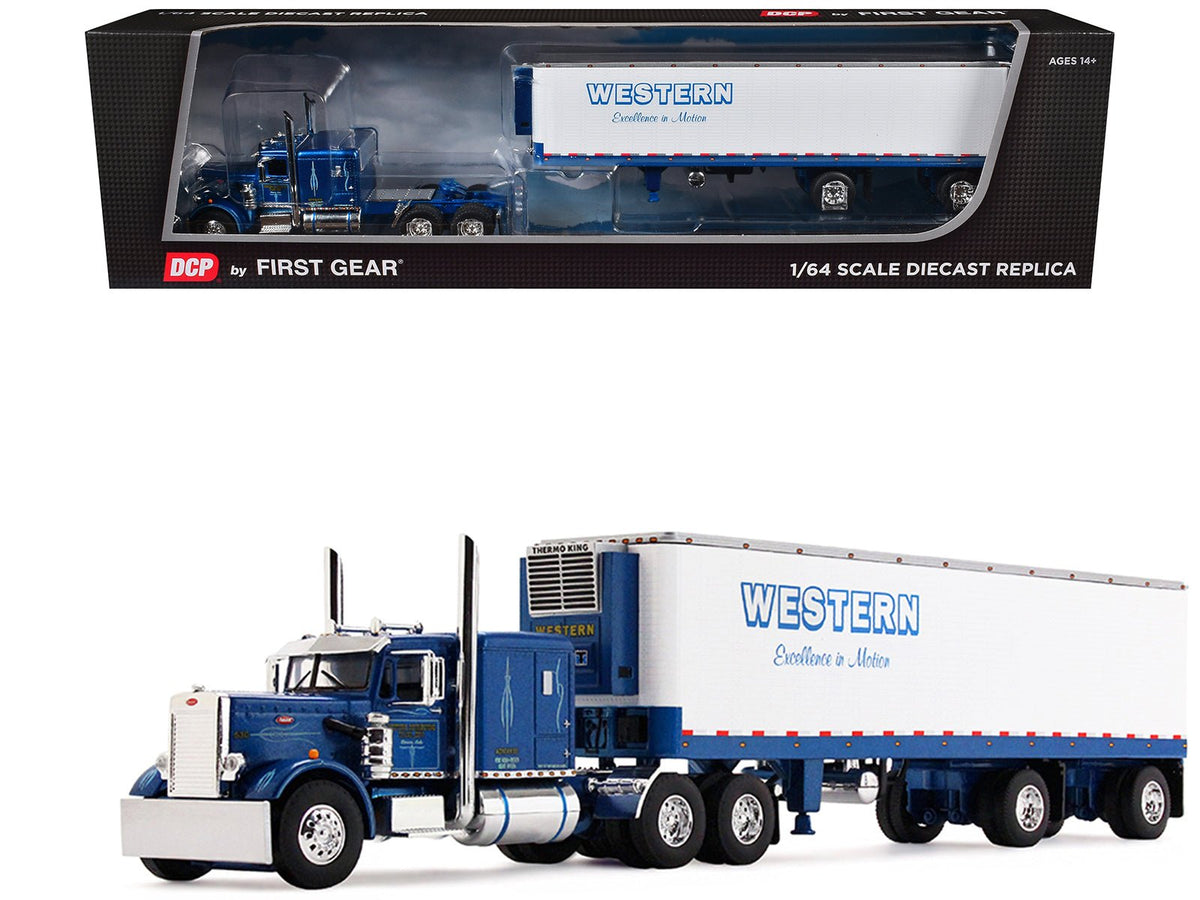 Peterbilt 351 with 63" Flat Top Sleeper and 40' Vintage Trailer with Reefer "Western Distributing" Blue Metallic and White 1/64 Diecast Model by DCP/First Gear-First Gear-ModelCars.com