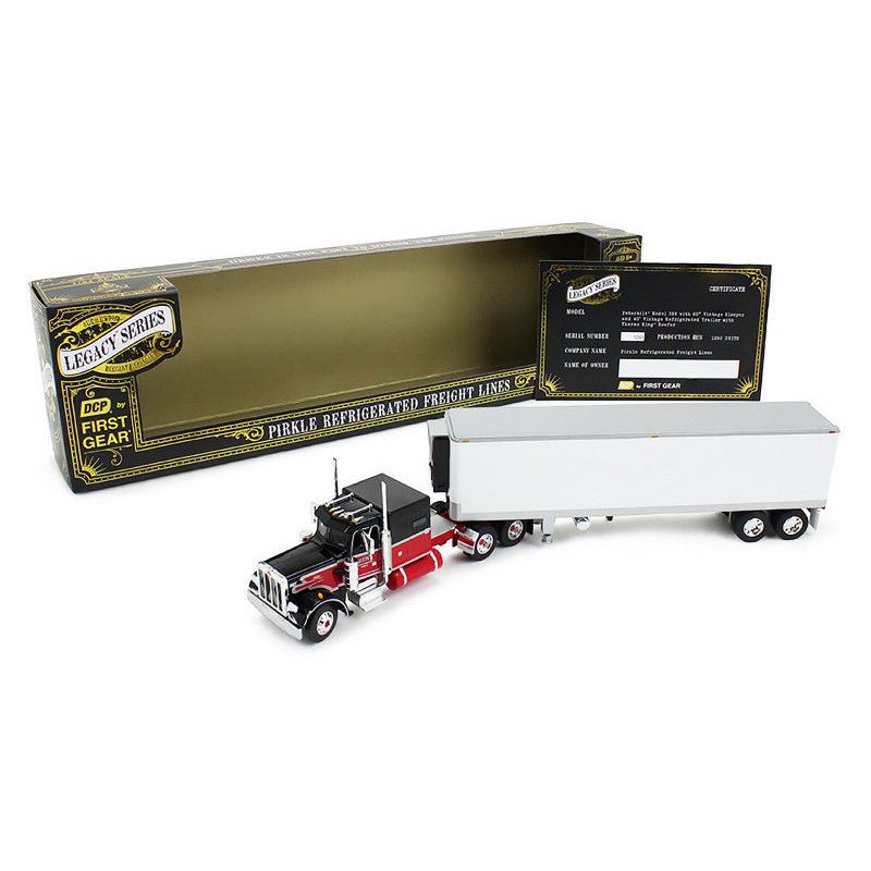 Peterbilt 359 with 60" Vintage Sleeper and 40' Vintage Refrigerated Trailer "Pirkle Refrigerated Freight Lines" Red and Black "Legacy Series" 1 1/64 Diecast Model by DCP/First Gear - First Gear - ModelCars.com
