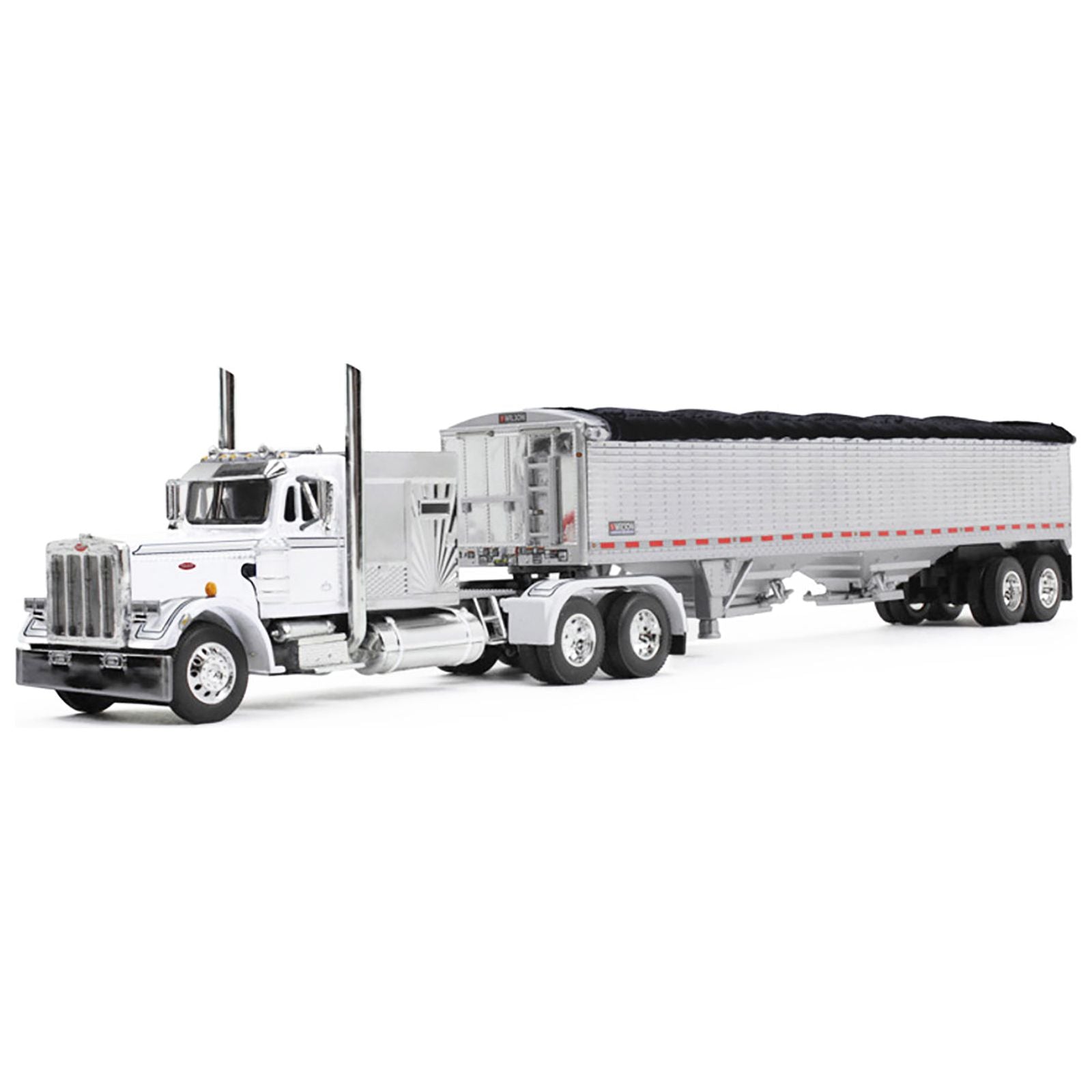 Peterbilt 359 with 60" Vintage Sleeper and 43' Wilson High Side Grain Trailer White and Chrome 1/64 Diecast Model by DCP/First Gear - First Gear - ModelCars.com