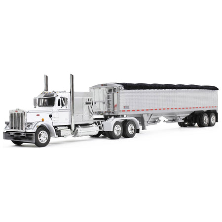 Peterbilt 359 with 60" Vintage Sleeper and 43' Wilson High Side Grain Trailer White and Chrome 1/64 Diecast Model by DCP/First Gear - First Gear - ModelCars.com