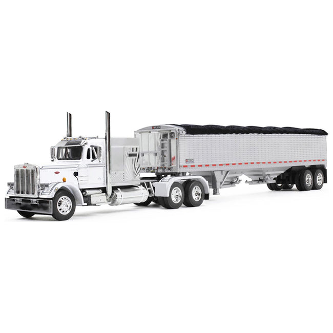Peterbilt 359 with 60" Vintage Sleeper and 43' Wilson High Side Grain Trailer White and Chrome 1/64 Diecast Model by DCP/First Gear - First Gear - ModelCars.com