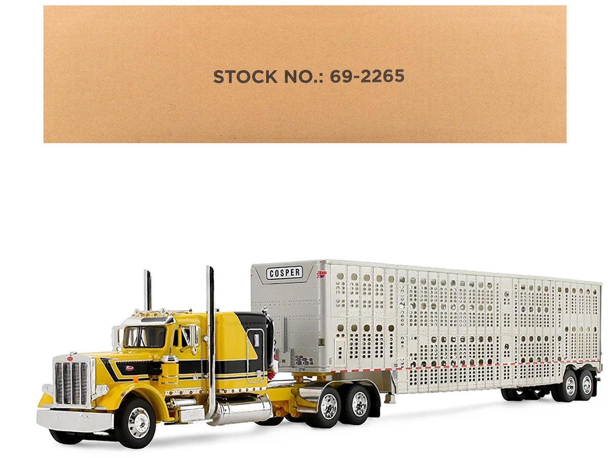 Peterbilt 359 with 63" Flat Top Sleeper & Wilson Silverstar Livestock Trailer "Red's Favorites - Hank Cosper" Yellow with Black Stripes 1/64 Diecast Model by DCP/First Gear-First Gear-ModelCars.com
