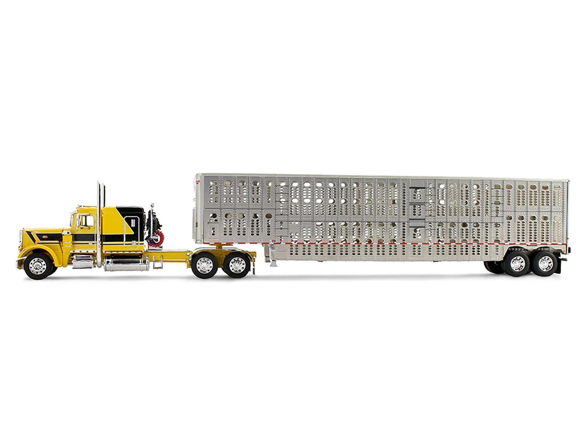 Peterbilt 359 with 63" Flat Top Sleeper & Wilson Silverstar Livestock Trailer "Red's Favorites - Hank Cosper" Yellow with Black Stripes 1/64 Diecast Model by DCP/First Gear-First Gear-ModelCars.com