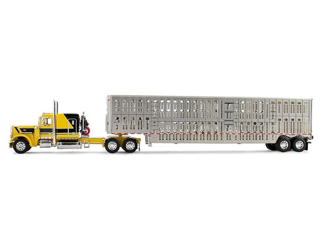 Peterbilt 359 with 63" Flat Top Sleeper & Wilson Silverstar Livestock Trailer "Red's Favorites - Hank Cosper" Yellow with Black Stripes 1/64 Diecast Model by DCP/First Gear-First Gear-ModelCars.com