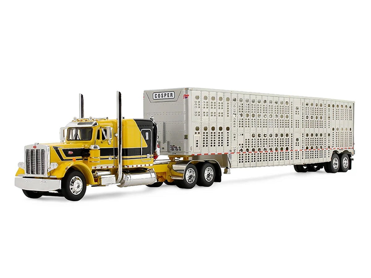 Peterbilt 359 with 63" Flat Top Sleeper & Wilson Silverstar Livestock Trailer "Red's Favorites - Hank Cosper" Yellow with Black Stripes 1/64 Diecast Model by DCP/First Gear-First Gear-ModelCars.com