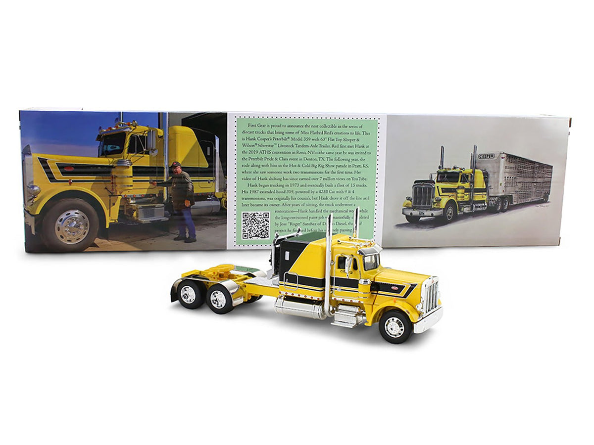 Peterbilt 359 with 63" Flat Top Sleeper & Wilson Silverstar Livestock Trailer "Red's Favorites - Hank Cosper" Yellow with Black Stripes 1/64 Diecast Model by DCP/First Gear-First Gear-ModelCars.com