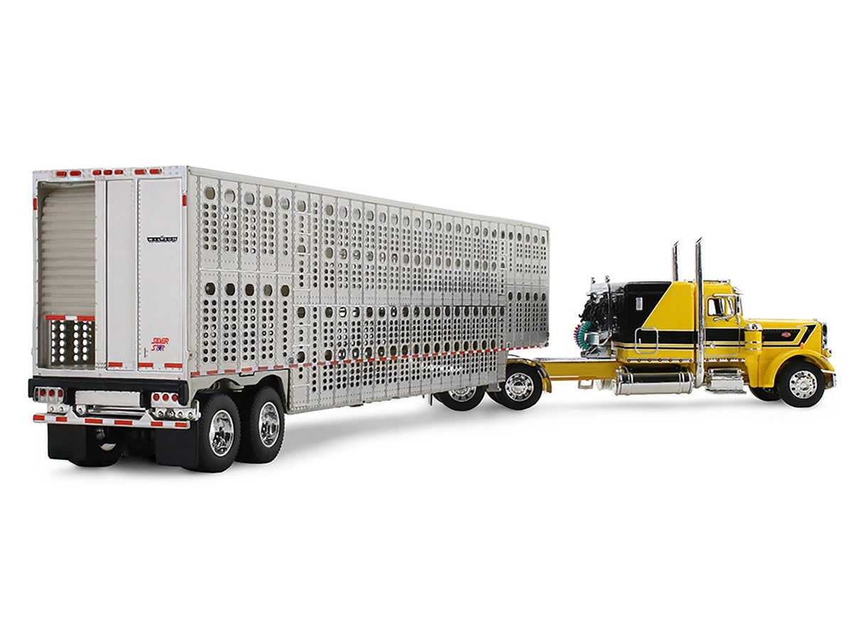 Peterbilt 359 with 63" Flat Top Sleeper & Wilson Silverstar Livestock Trailer "Red's Favorites - Hank Cosper" Yellow with Black Stripes 1/64 Diecast Model by DCP/First Gear-First Gear-ModelCars.com