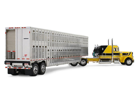 Peterbilt 359 with 63" Flat Top Sleeper & Wilson Silverstar Livestock Trailer "Red's Favorites - Hank Cosper" Yellow with Black Stripes 1/64 Diecast Model by DCP/First Gear-First Gear-ModelCars.com