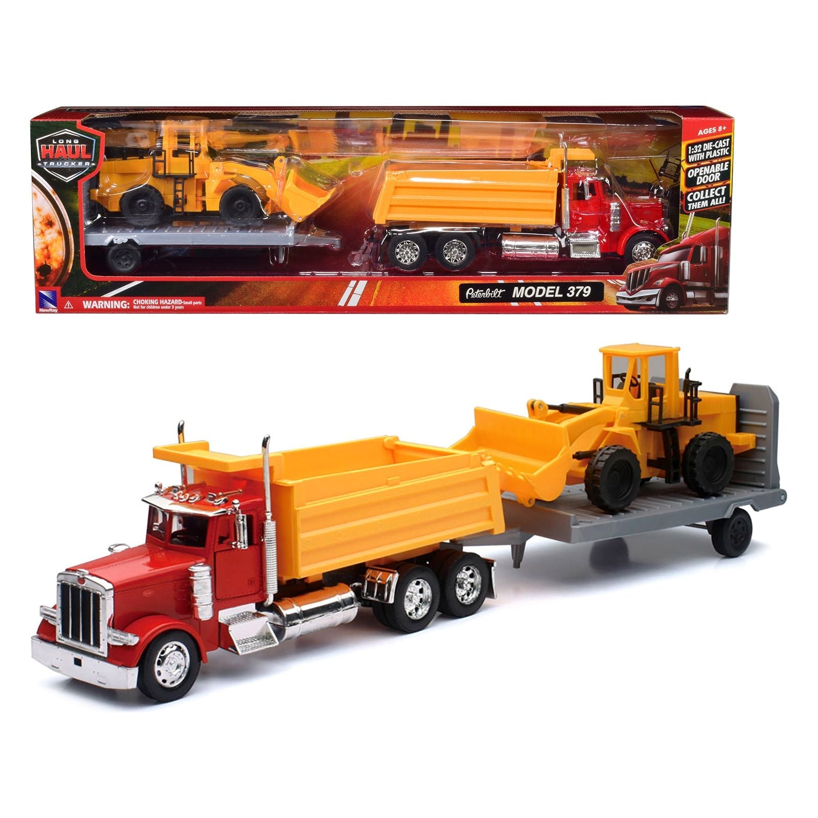 Peterbilt 379 Dump Truck Red and Wheel Loader Yellow with Flatbed Trailer "Long Haul Truckers" Series 1/32 Diecast Model by New Ray - New Ray - ModelCars.com