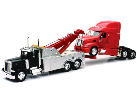 Peterbilt 379 Tow Truck Black with Peterbilt 387 Truck Tractor Red Set of 2 pieces 1/32 Diecast Model by New Ray-New Ray-ModelCars.com