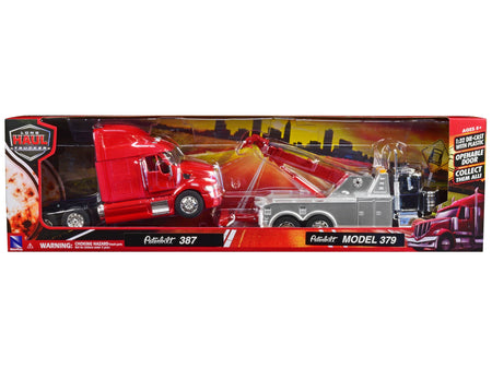 Peterbilt 379 Tow Truck Black with Peterbilt 387 Truck Tractor Red Set of 2 pieces 1/32 Diecast Model by New Ray-New Ray-ModelCars.com