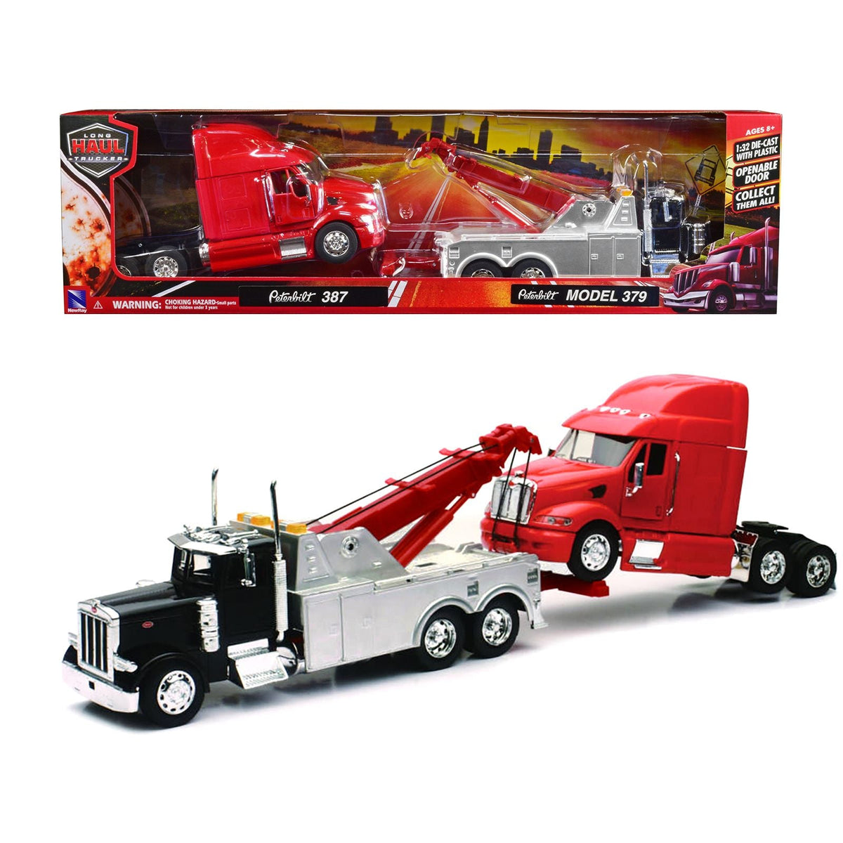 Peterbilt 379 Tow Truck Black with Peterbilt 387 Truck Tractor Red Set of 2 pieces 1/32 Diecast Model by New Ray-New Ray-ModelCars.com