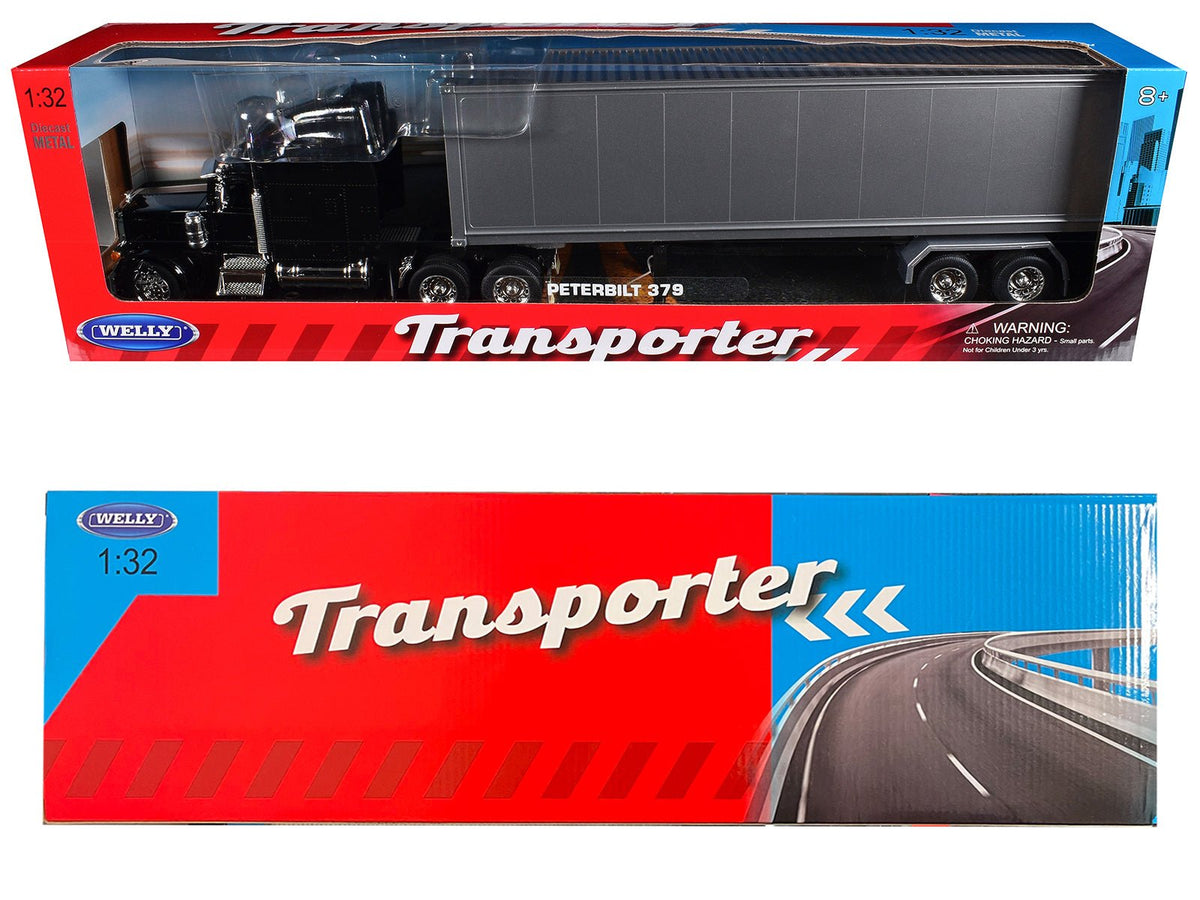 Peterbilt 379 Truck Black with Silver Container "Transporter" Series 1/32 Diecast Model by Welly-Welly-ModelCars.com