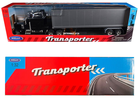 Peterbilt 379 Truck Black with Silver Container "Transporter" Series 1/32 Diecast Model by Welly-Welly-ModelCars.com