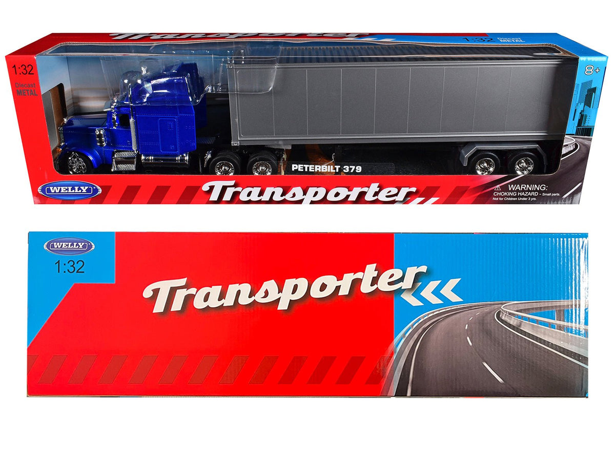 Peterbilt 379 Truck Blue Metallic with Silver Container "Transporter" Series 1/32 Diecast Model by Welly-Welly-ModelCars.com