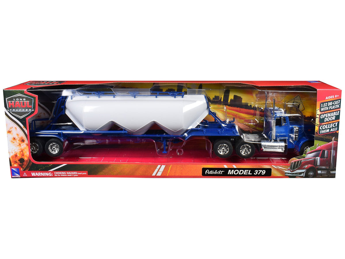 Peterbilt 379 Truck Blue with Pneumatic Tanker Trailer White "Long Haul Truckers" Series 1/32 Diecast Model by New Ray-New Ray-ModelCars.com
