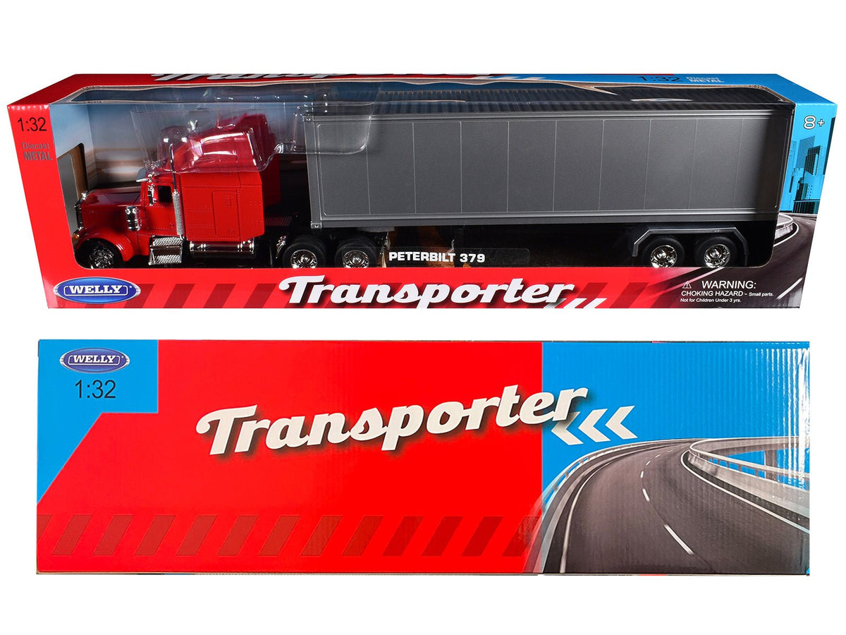 Peterbilt 379 Truck Red with Silver Container "Transporter" Series 1/32 Diecast Model by Welly-Welly-ModelCars.com