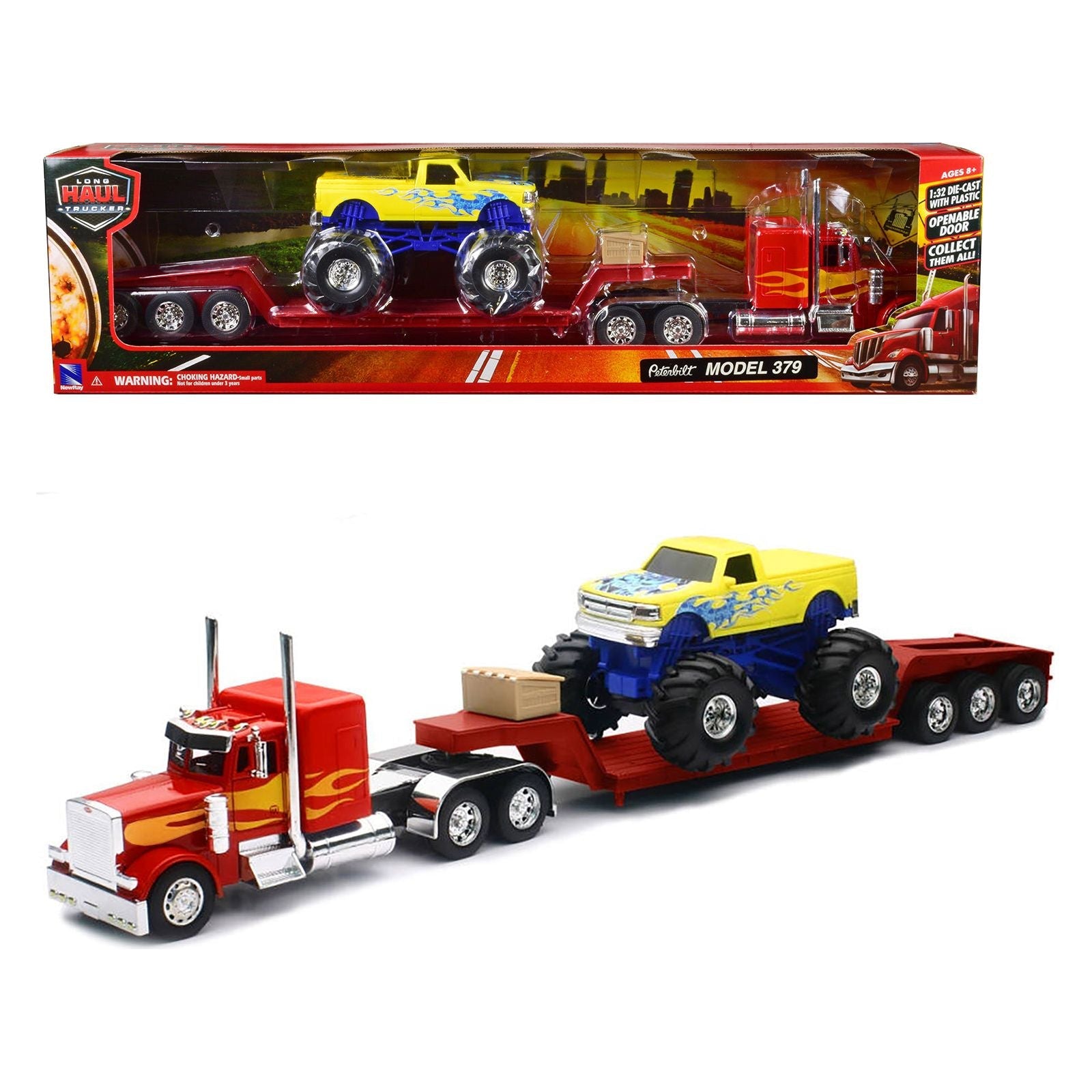 Peterbilt 379 Truck with Lowboy Trailer Red with Orange Flames and Monster Truck Yellow with Blue Flames "Long Haul Truckers" Series 1/32 Diecast Model by New Ray - New Ray - ModelCars.com