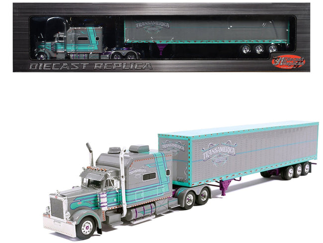 Peterbilt 379 Truck with Sleeper and Dry Goods Trailer "TransAmerica" Gray with Seafoam Green Graphics "J1 Diecast" Series 1/64 Diecast Model by IXO Models-IXO-ModelCars.com