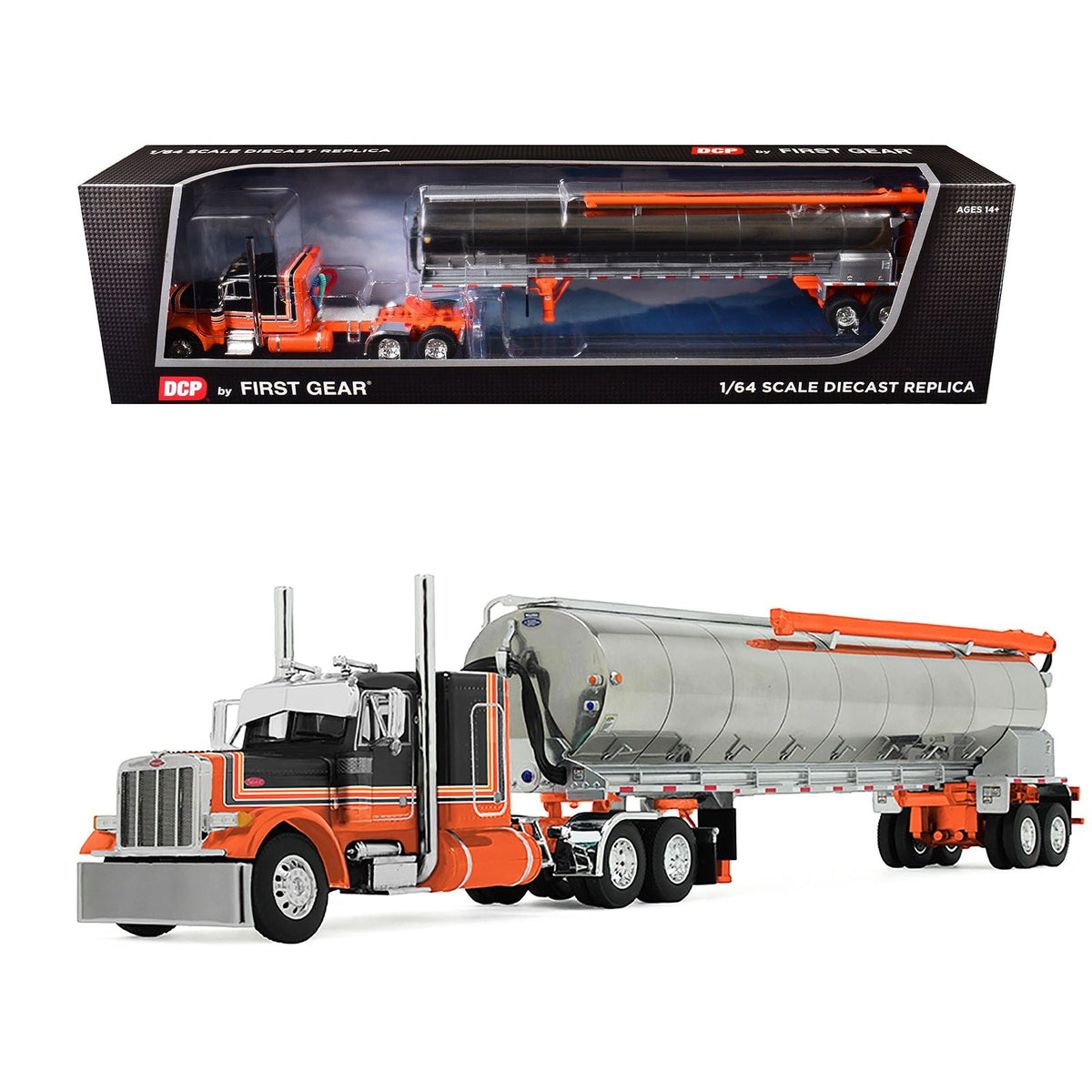 Peterbilt 379 with 48" Flat Top Sleeper and Walinga Bulk Feed Trailer Orange and Black with Stripes 1/64 Diecast Model by DCP/First Gear-First Gear-ModelCars.com