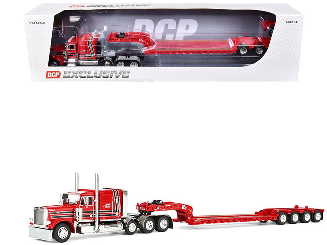 Peterbilt 379 with 63" Flat Top Sleeper and Fontaine Magnitude Lowboy Trailer with Fliptail "Anty Trucking & Rigging" Red with Black Stripes 1/64 Diecast Model by DCP/First Gear-First Gear-ModelCars.com
