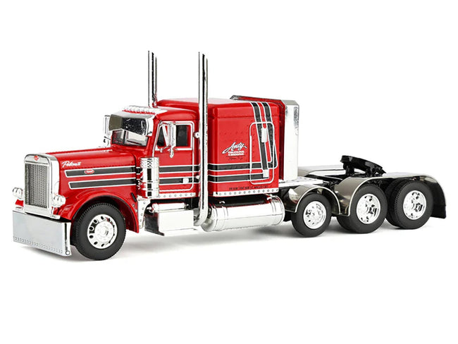 Peterbilt 379 with 63" Flat Top Sleeper and Fontaine Magnitude Lowboy Trailer with Fliptail "Anty Trucking & Rigging" Red with Black Stripes 1/64 Diecast Model by DCP/First Gear-First Gear-ModelCars.com