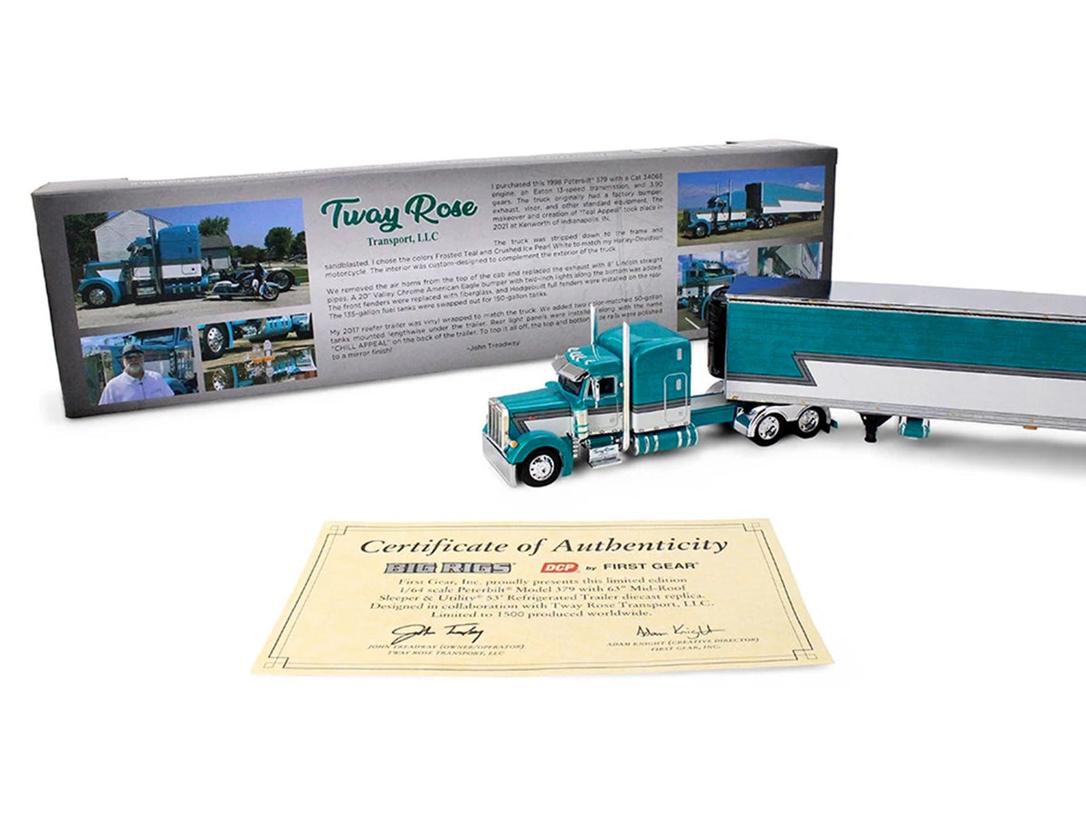 Peterbilt 379 with 63" Mid-Roof Sleeper and 53' Utility Trailer with Reefer "Tway Rose Transport" Teal and White with Stripes "Big Rigs" Series II 5 1/64 Diecast Model by DCP/First Gear-First Gear-ModelCars.com