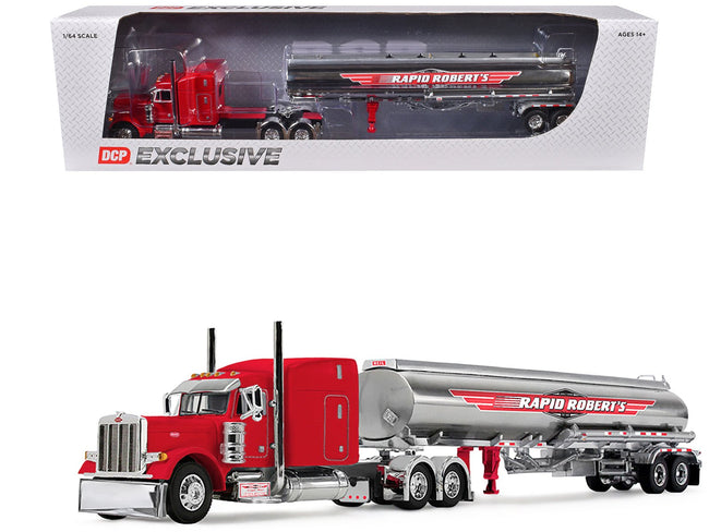 Peterbilt 379 with 63" Mid-Roof Sleeper and Heil Fuel Tank Trailer "Rapid Roberts" Red 1/64 Diecast Model by DCP/First Gear-First Gear-ModelCars.com
