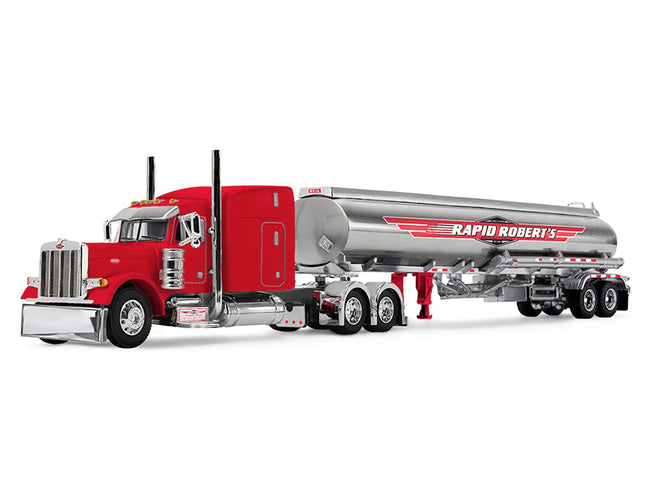 Peterbilt 379 with 63" Mid-Roof Sleeper and Heil Fuel Tank Trailer "Rapid Roberts" Red 1/64 Diecast Model by DCP/First Gear-First Gear-ModelCars.com