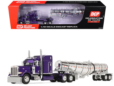 Peterbilt 379 with 63" Mid-Roof Sleeper and Polar Deep Drop Trailer Wild Orchid Purple with Black Stripes 1/64 Diecast Model by DCP/First Gear-First Gear-ModelCars.com